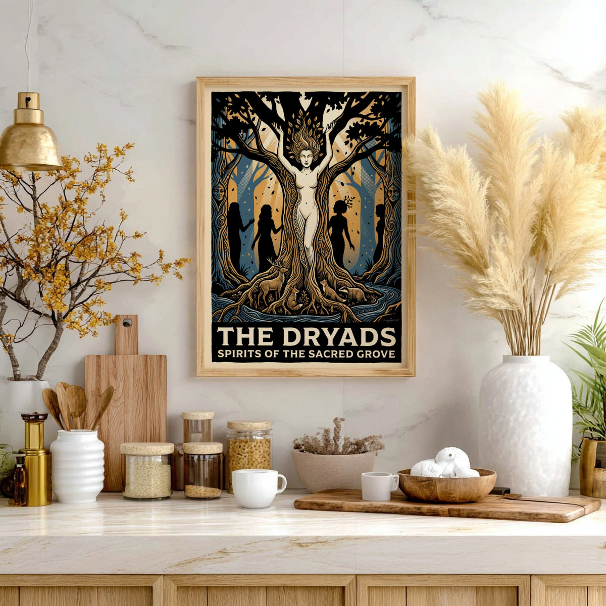 Poster featuring a mythological forest scene with a tree spirit in blue gold