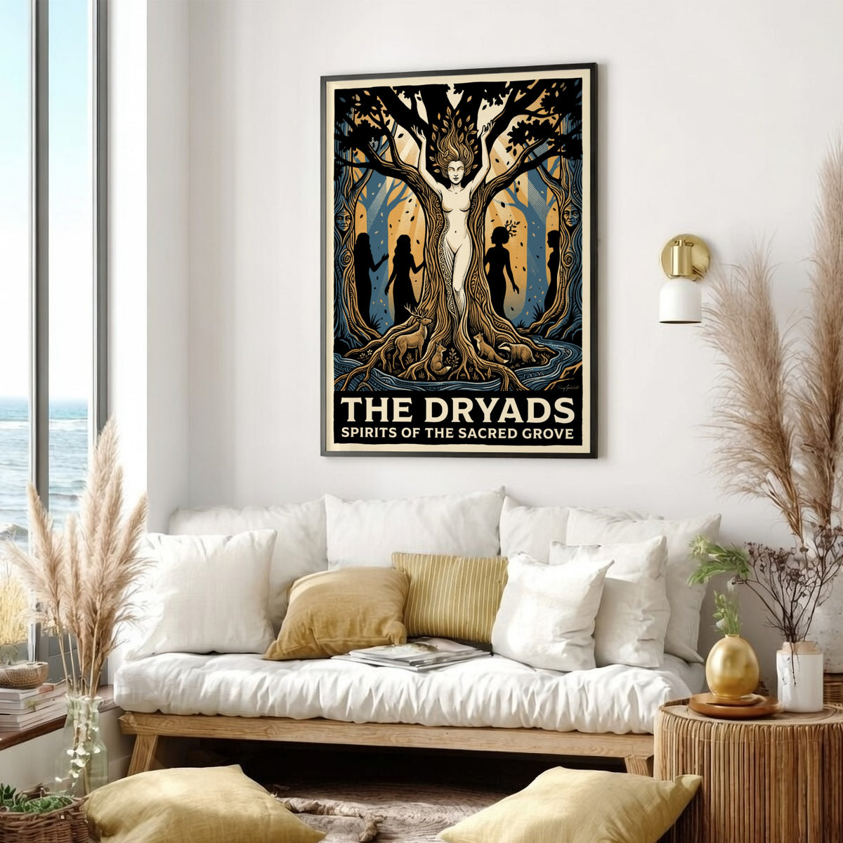 Poster featuring a mythological forest scene with a tree spirit in blue gold