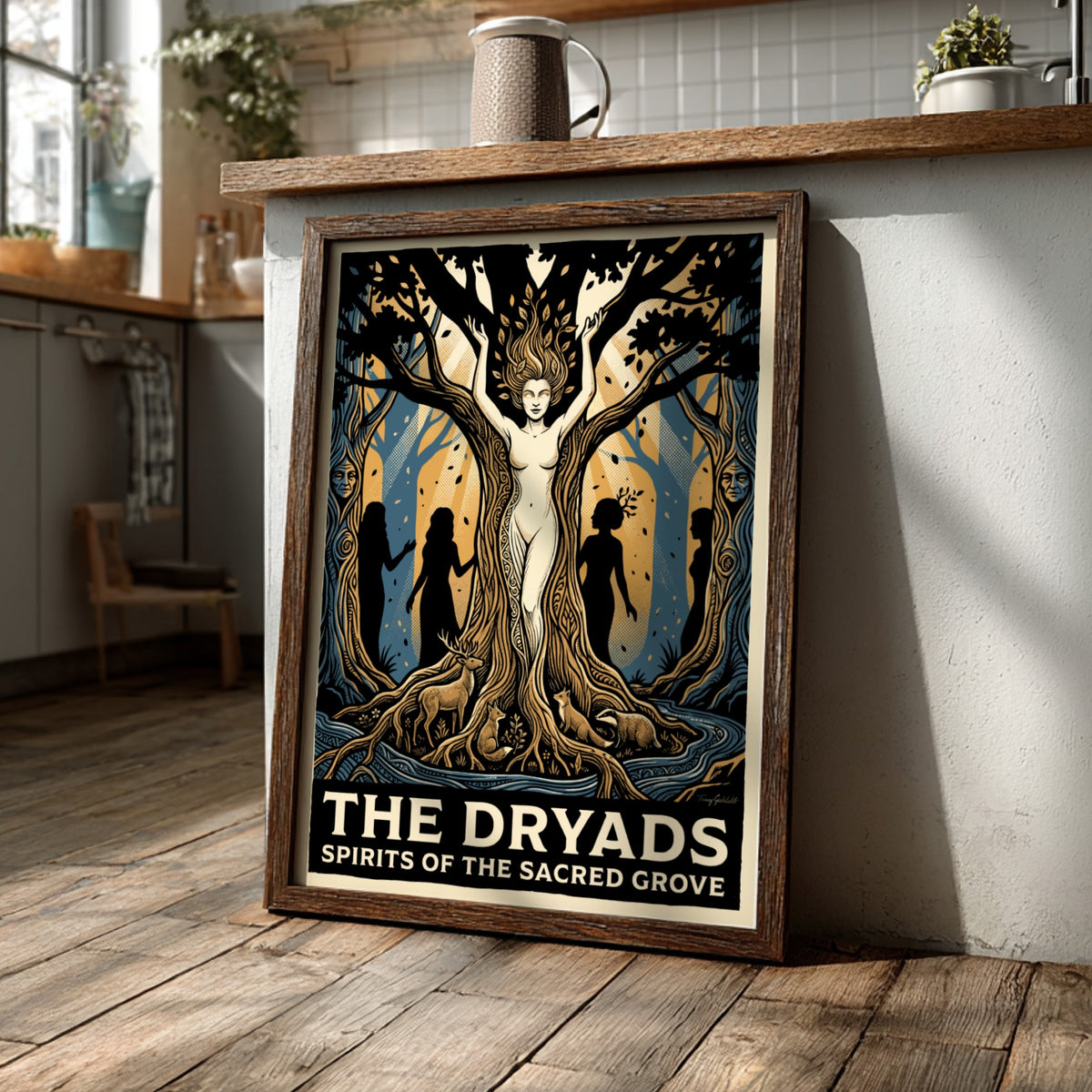 Poster featuring a mythological forest scene with a tree spirit in blue gold