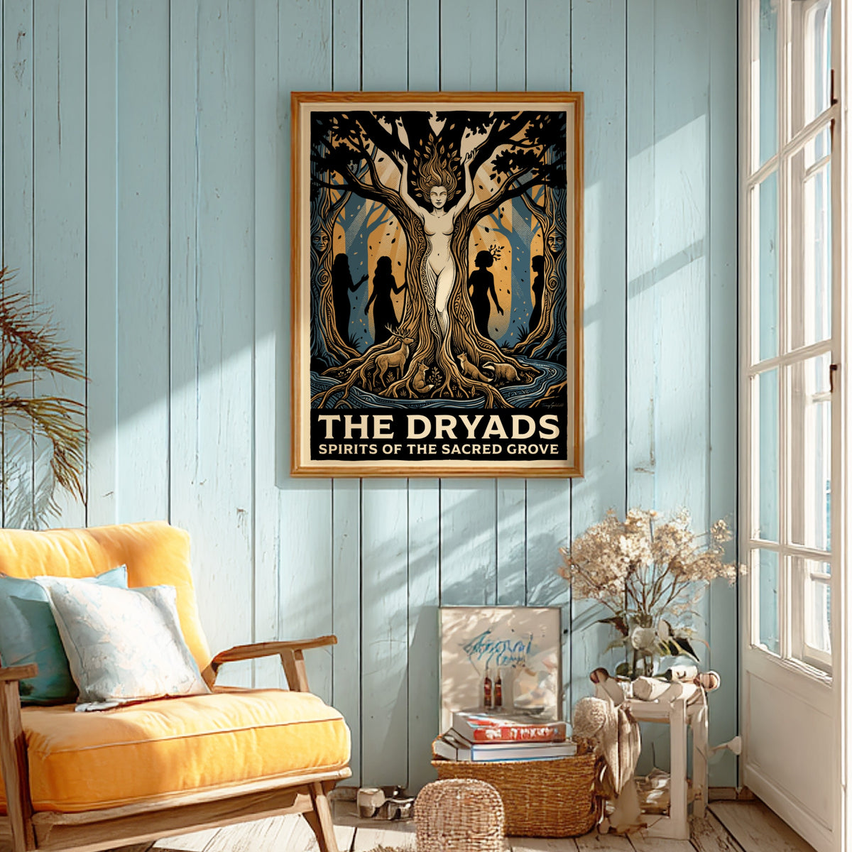 Poster featuring a mythological forest scene with a tree spirit in blue gold