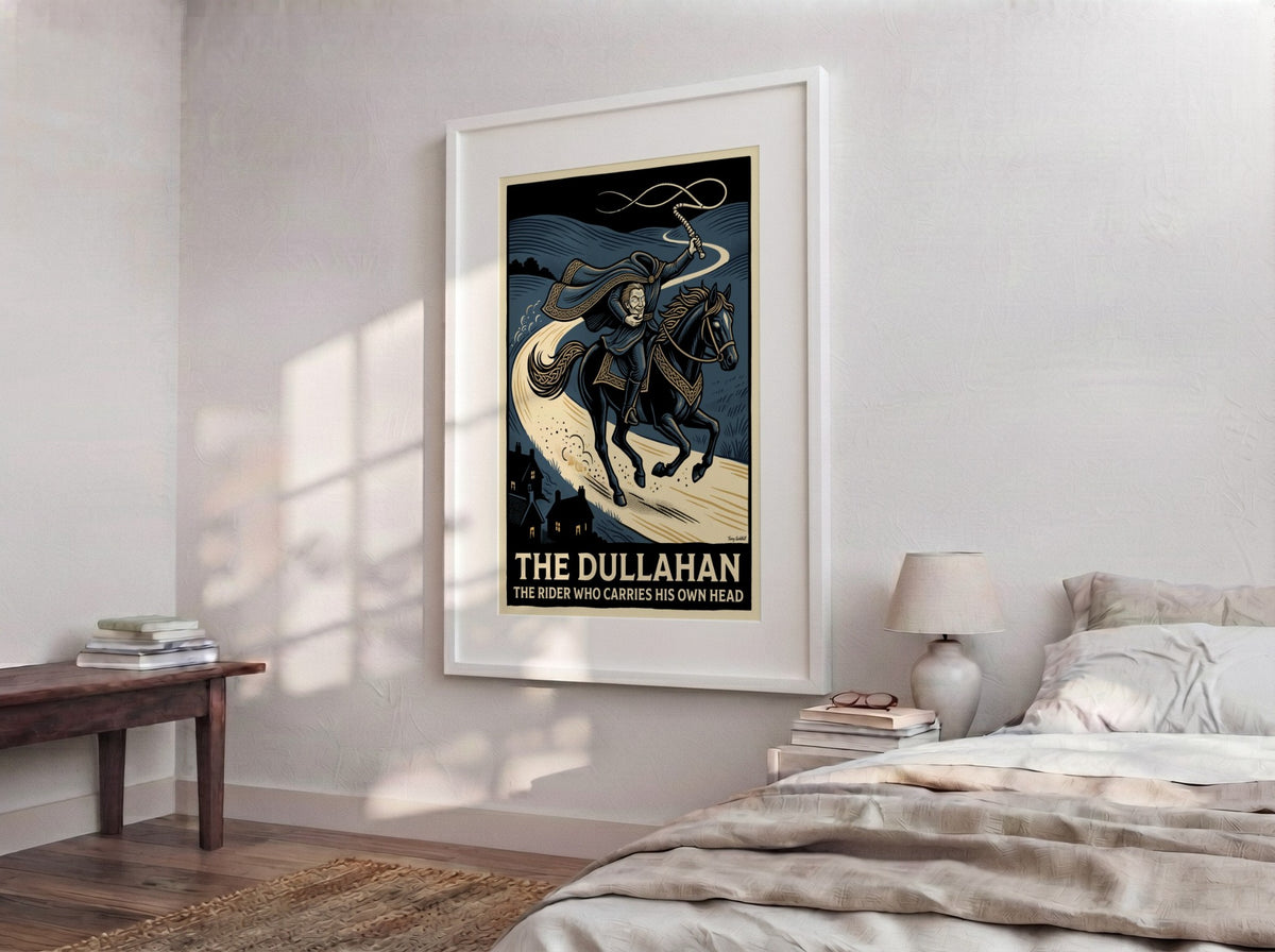 Poster of the Dullahan headless horseman riding a black horse in woodcut style