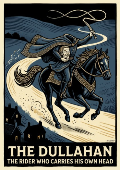 Poster of the Dullahan headless horseman riding a black horse in woodcut style