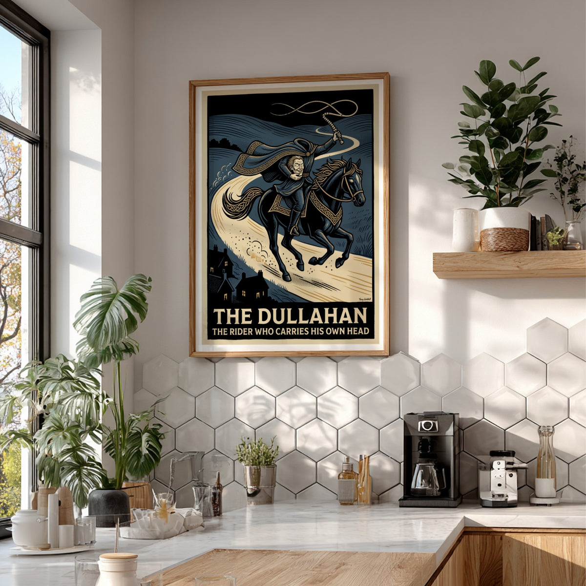 Poster of the Dullahan headless horseman riding a black horse in woodcut style