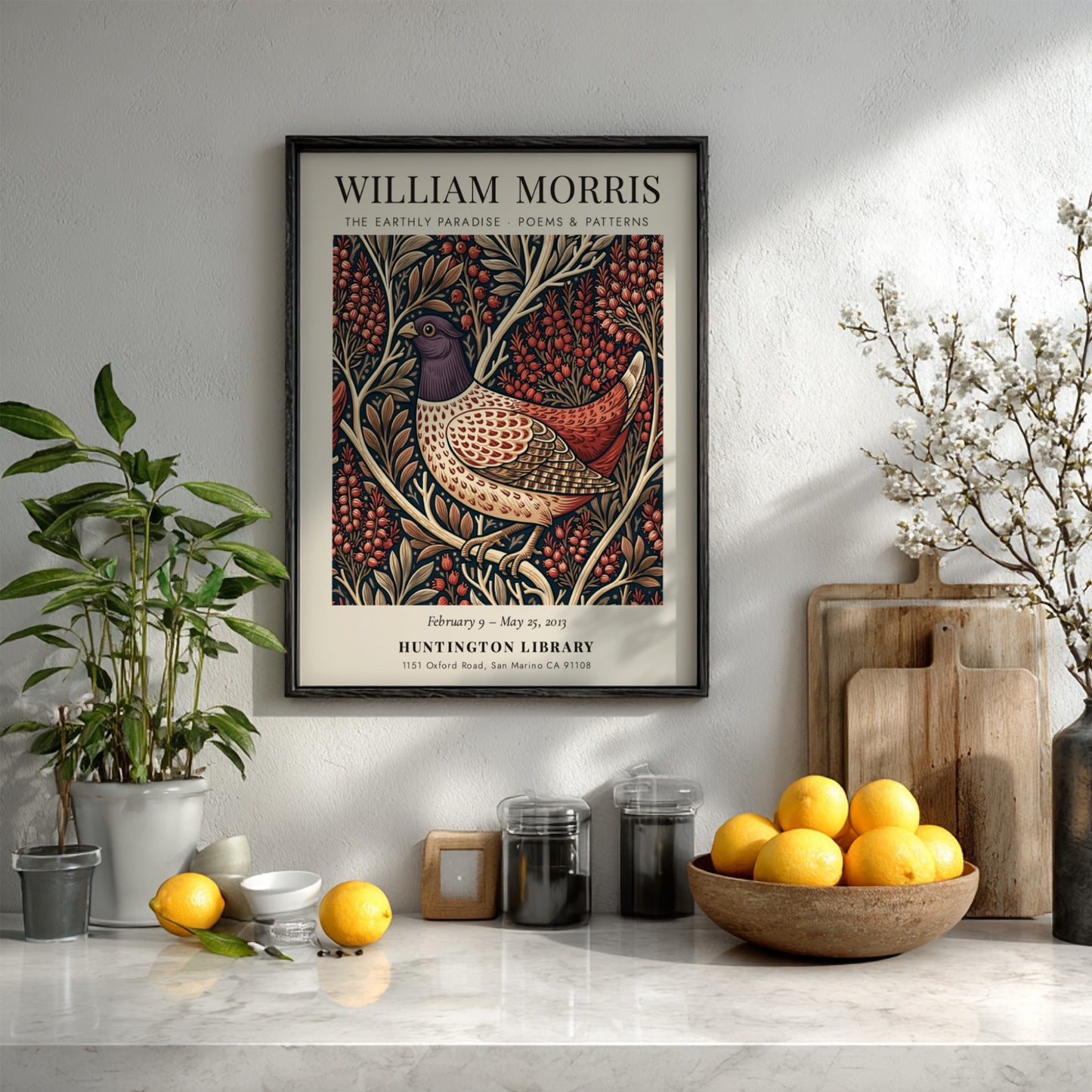 William Morris poster featuring The Earthly Paradise design with intricate patterns and rich colors