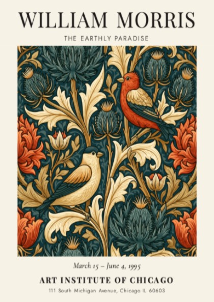 William Morris poster featuring The Earthly Paradise with vibrant floral motifs and birds in rich colors