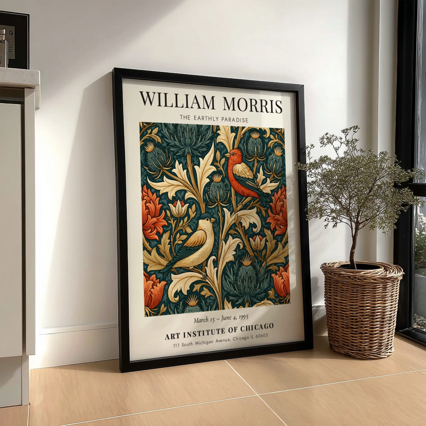 William Morris poster featuring The Earthly Paradise with vibrant floral motifs and birds in rich colors