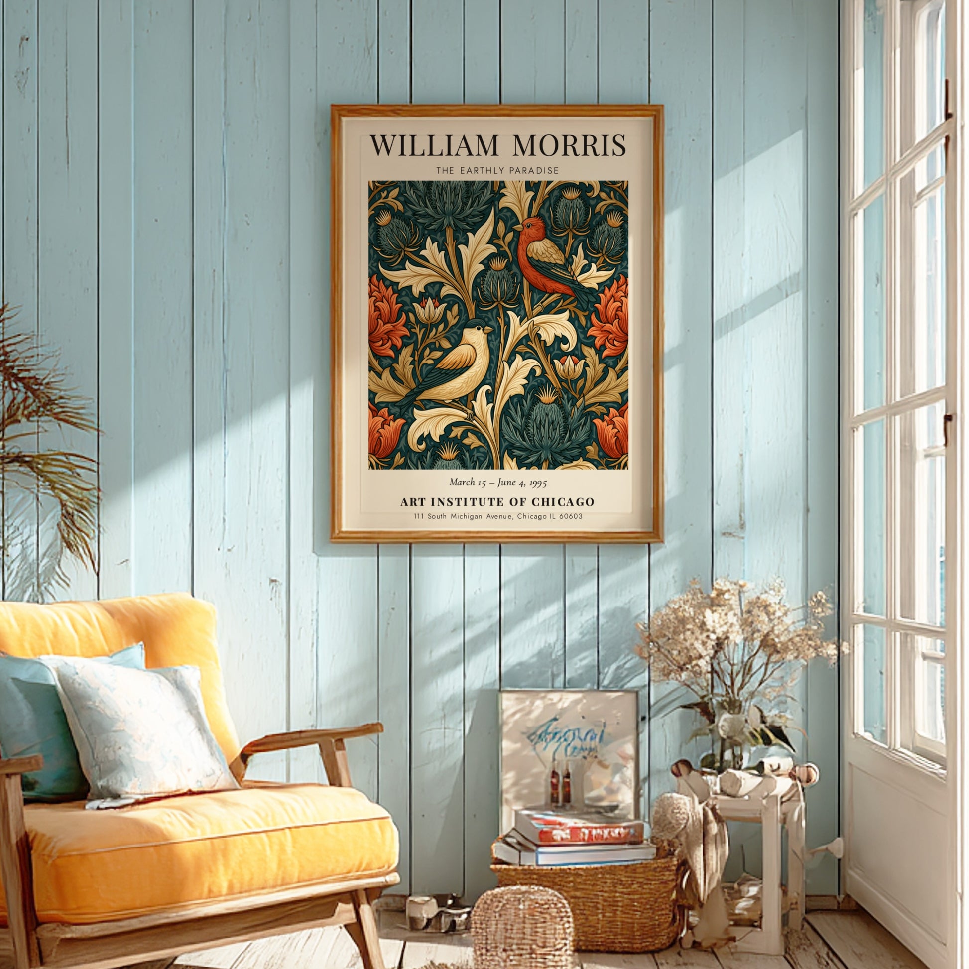 William Morris poster featuring The Earthly Paradise with vibrant floral motifs and birds in rich colors