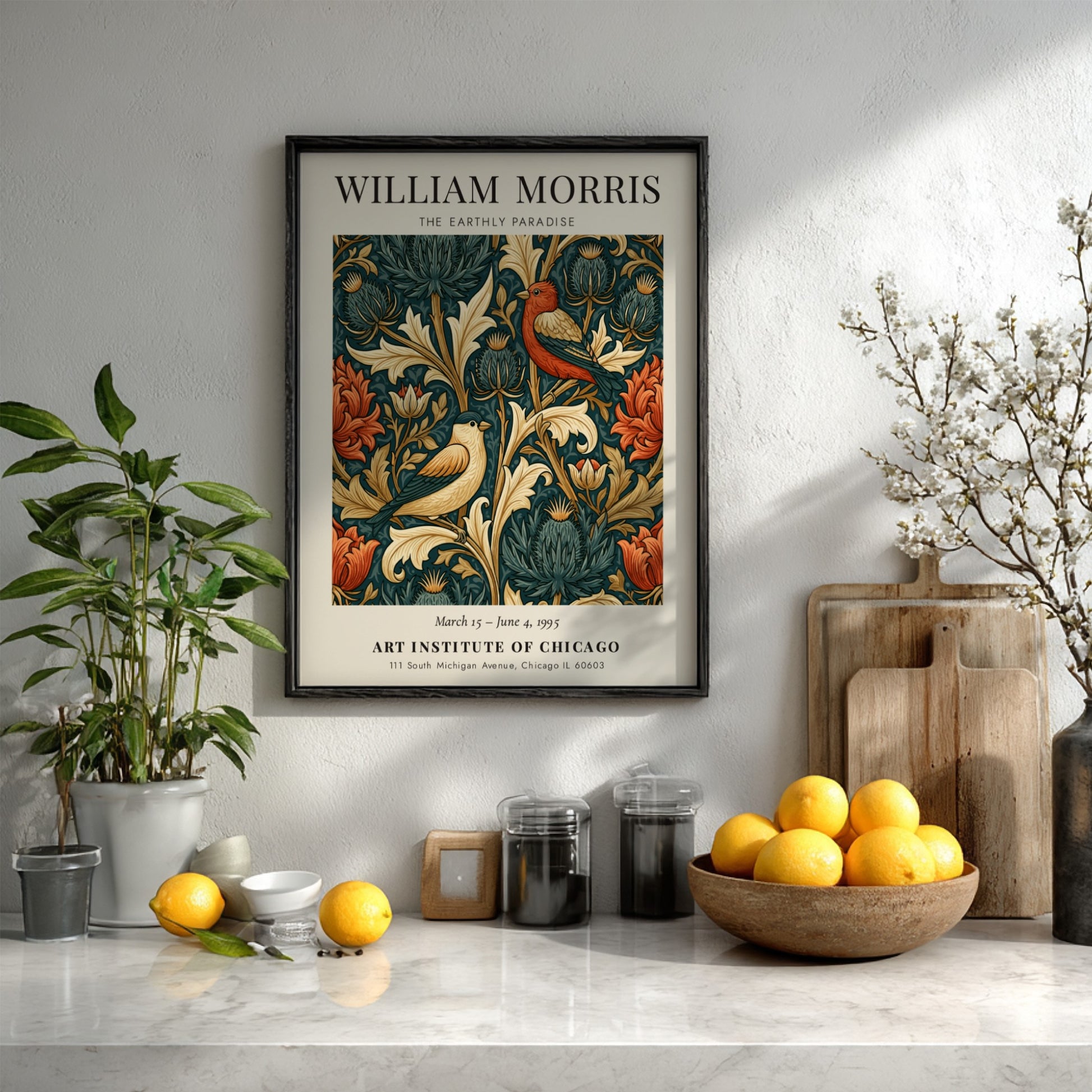 William Morris poster featuring The Earthly Paradise with vibrant floral motifs and birds in rich colors
