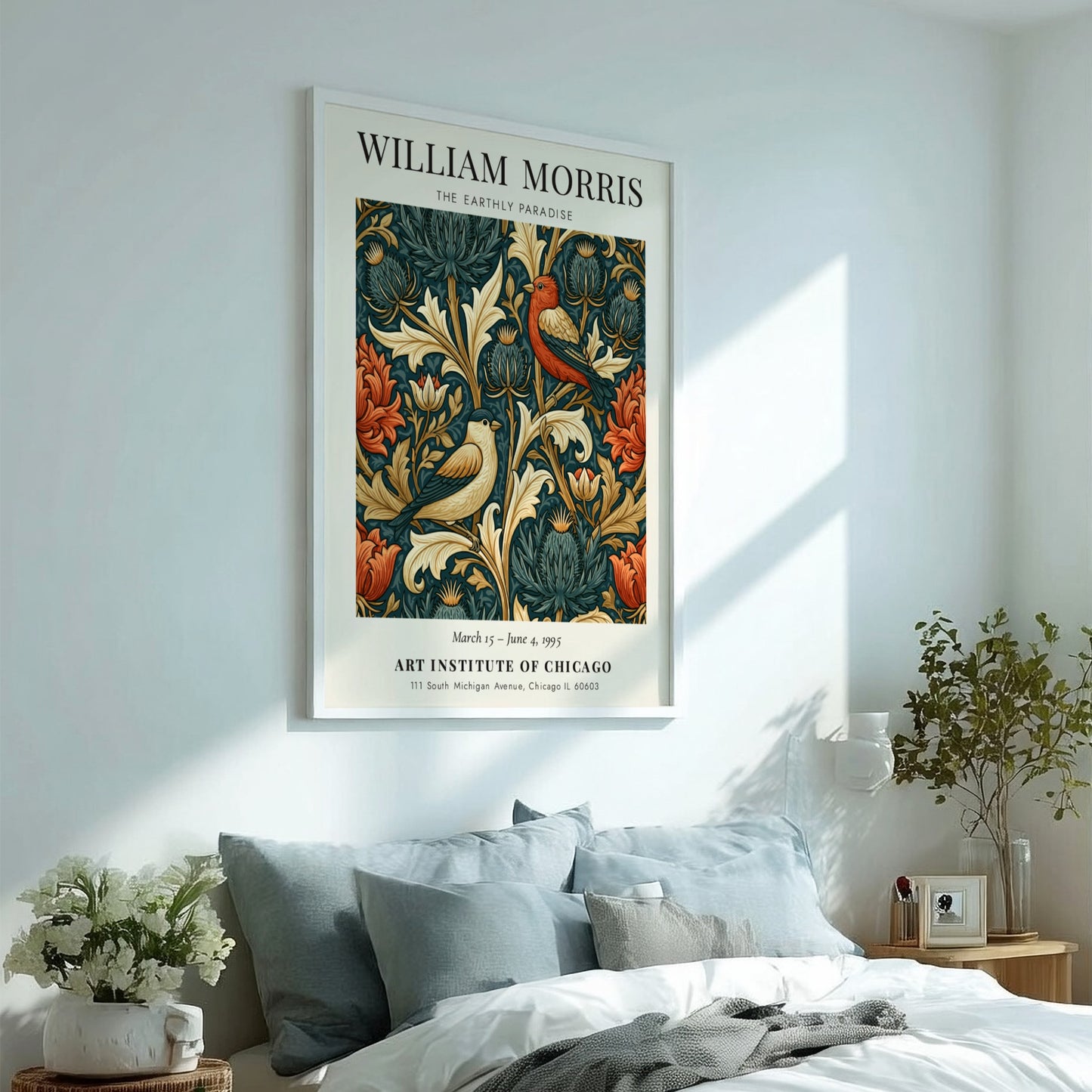 William Morris poster featuring The Earthly Paradise with vibrant floral motifs and birds in rich colors