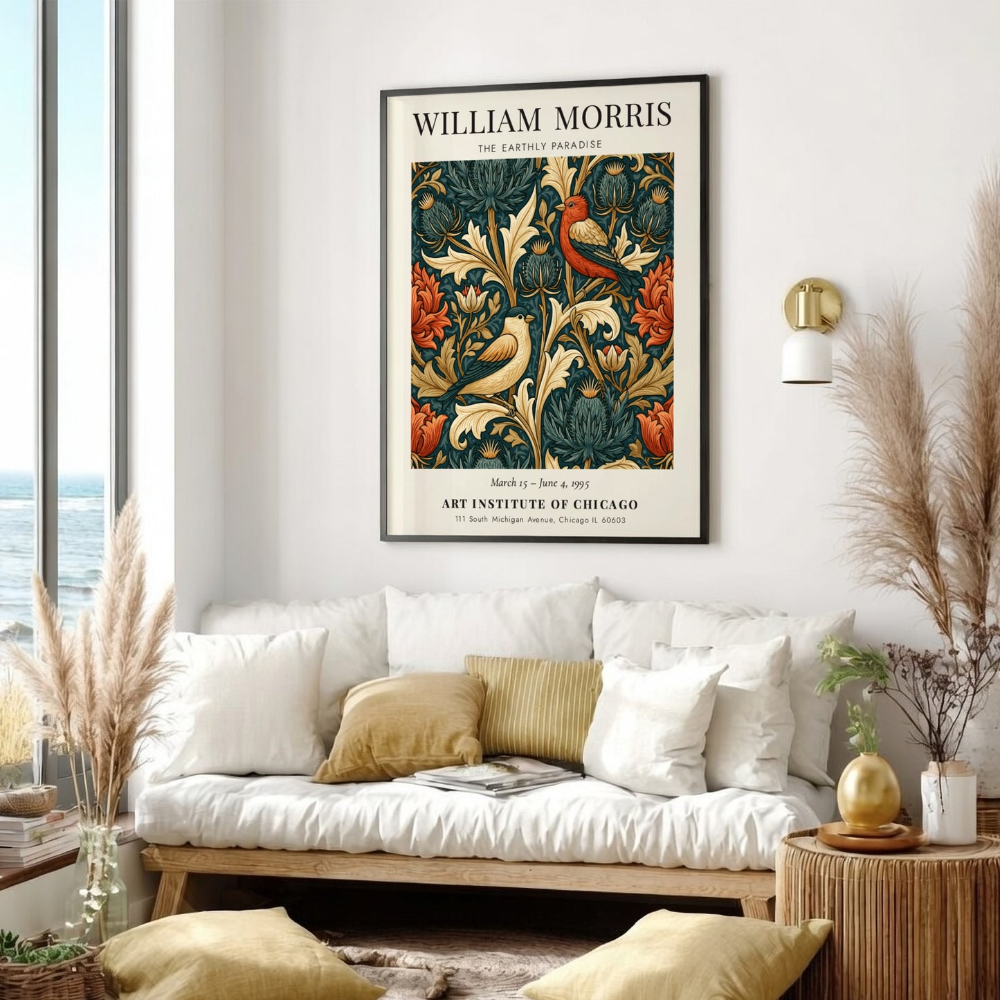 William Morris poster featuring The Earthly Paradise with vibrant floral motifs and birds in rich colors