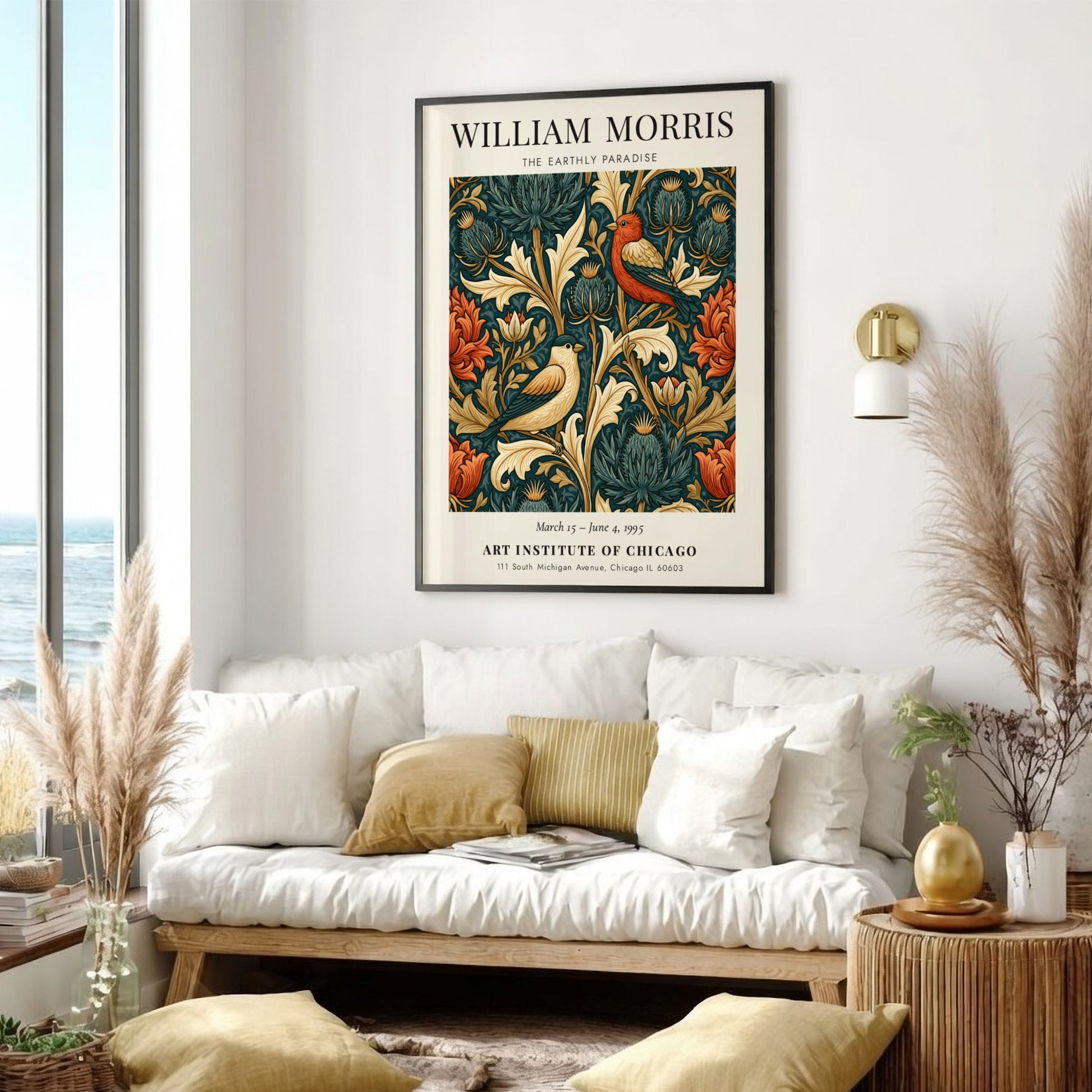 William Morris poster featuring The Earthly Paradise with vibrant floral motifs and birds in rich colors