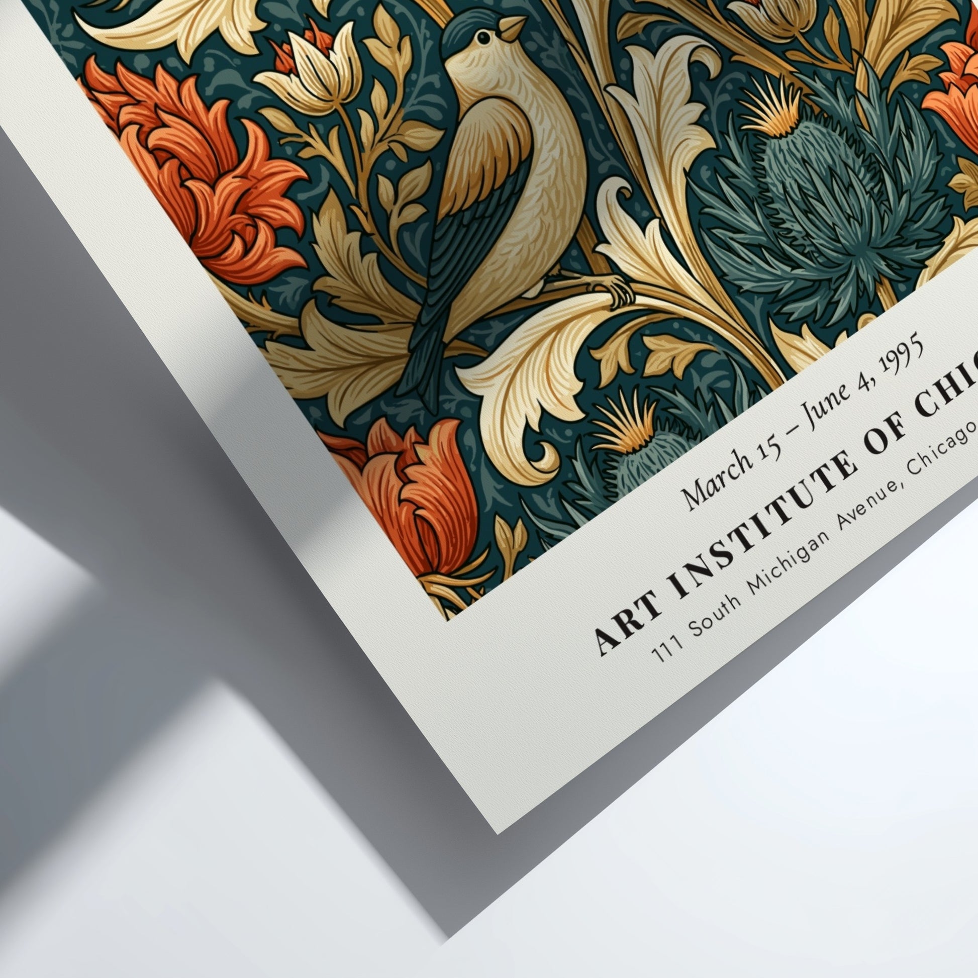 William Morris poster featuring The Earthly Paradise with vibrant floral motifs and birds in rich colors