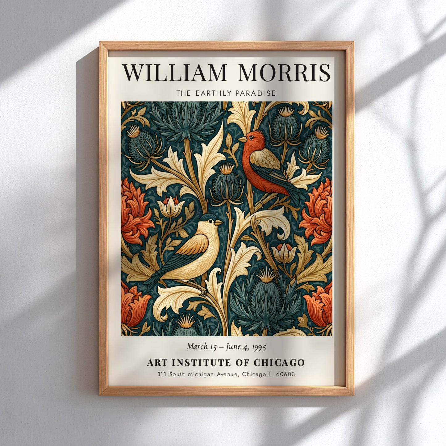 William Morris poster featuring The Earthly Paradise with vibrant floral motifs and birds in rich colors