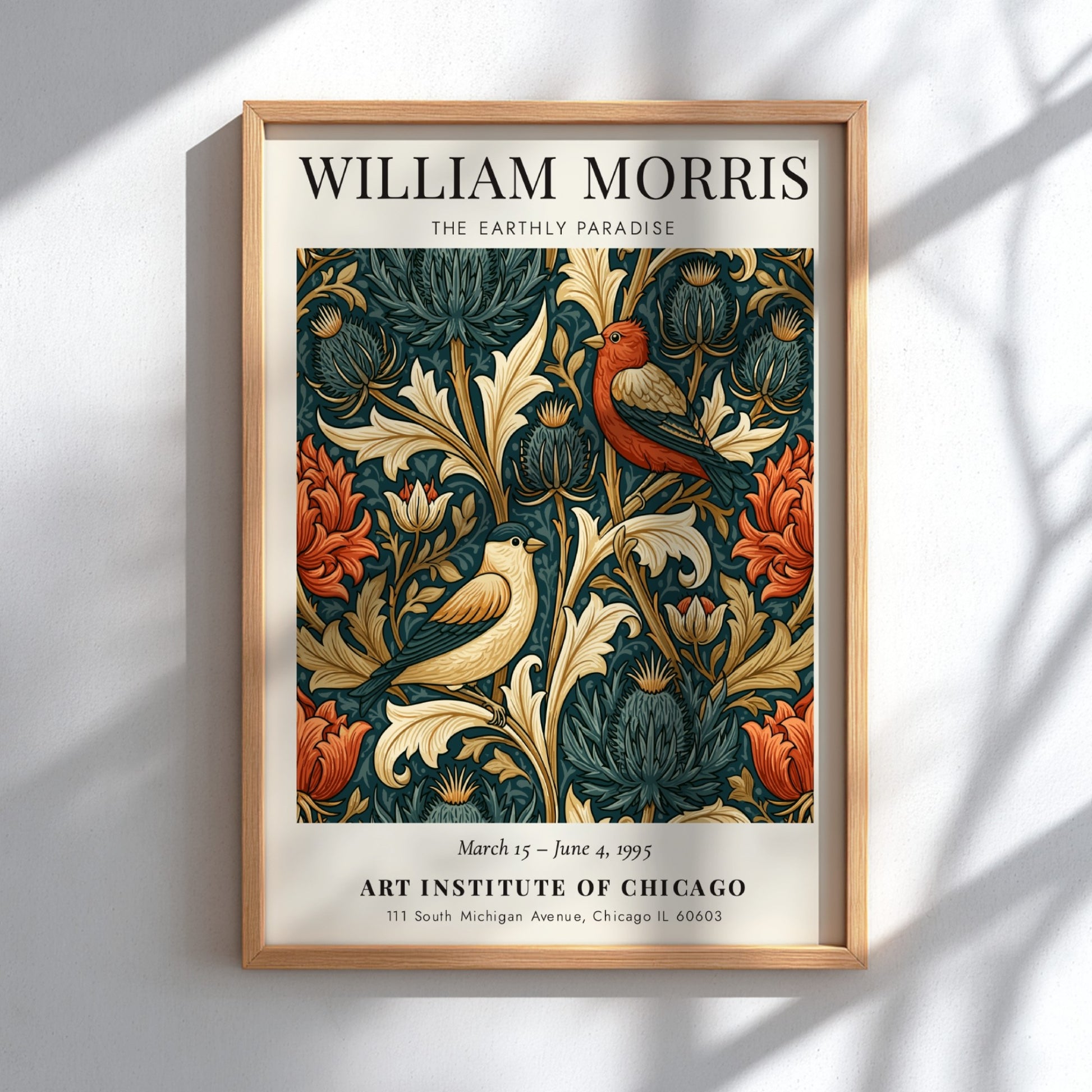 William Morris poster featuring The Earthly Paradise with vibrant floral motifs and birds in rich colors