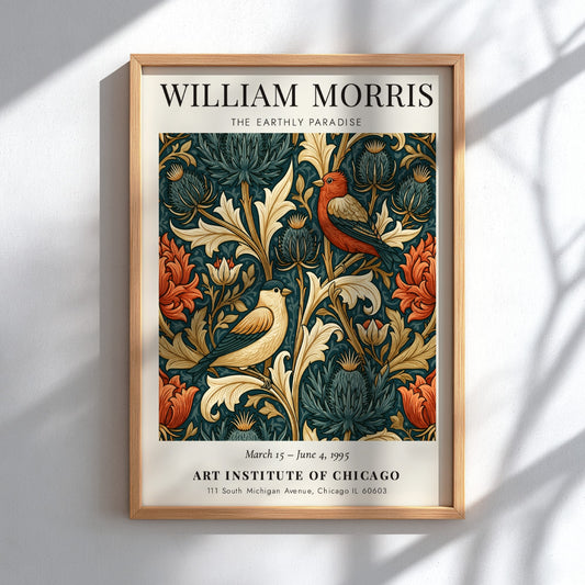 William Morris poster featuring The Earthly Paradise with vibrant floral motifs and birds in rich colors