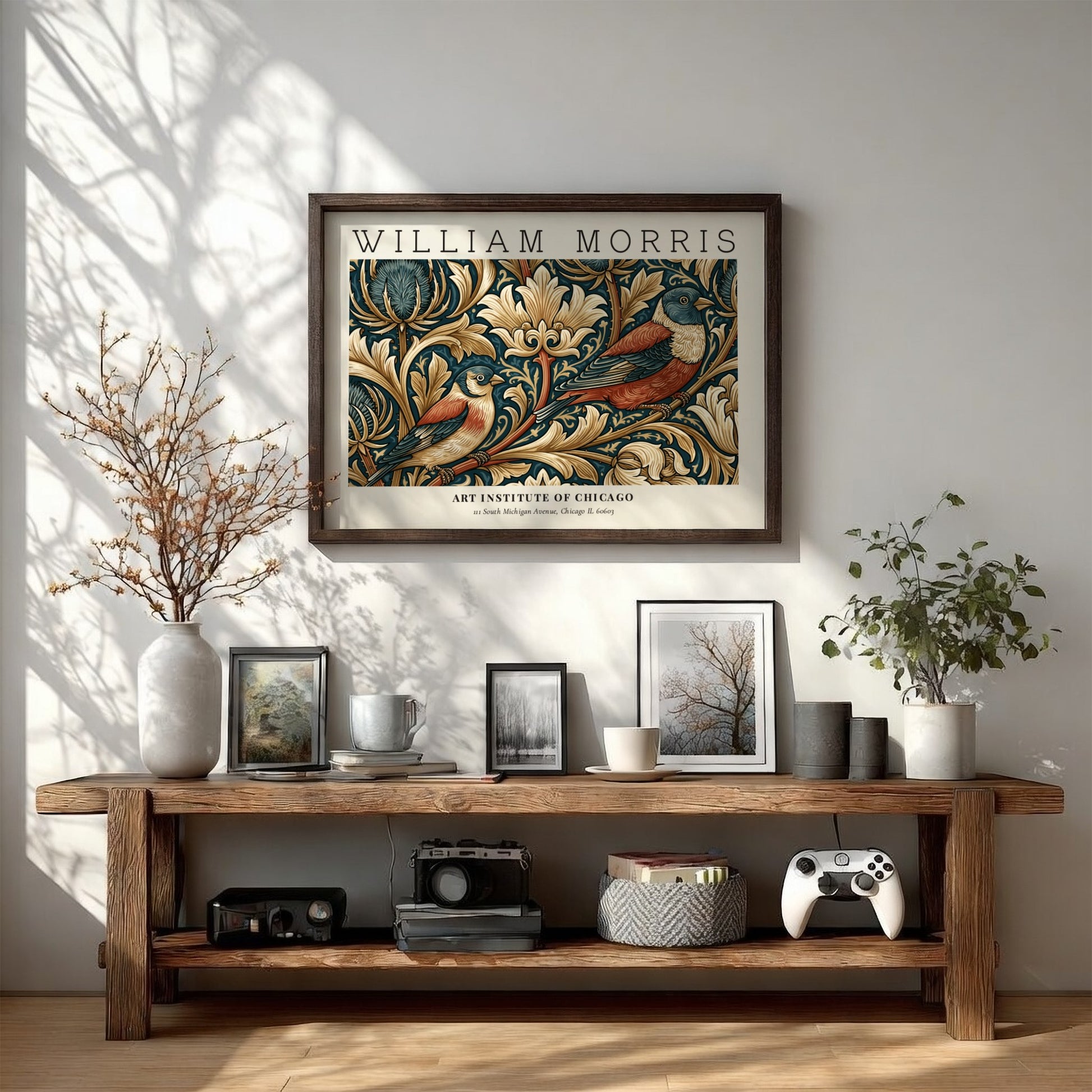 William Morris wall art print featuring birds and foliage in rich colors