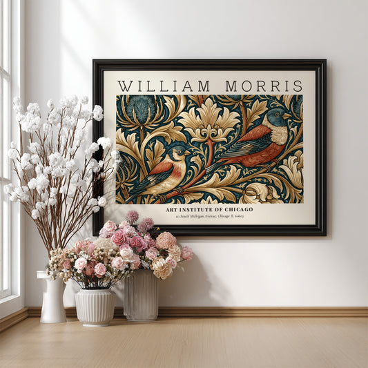 William Morris wall art print featuring birds and foliage in rich colors