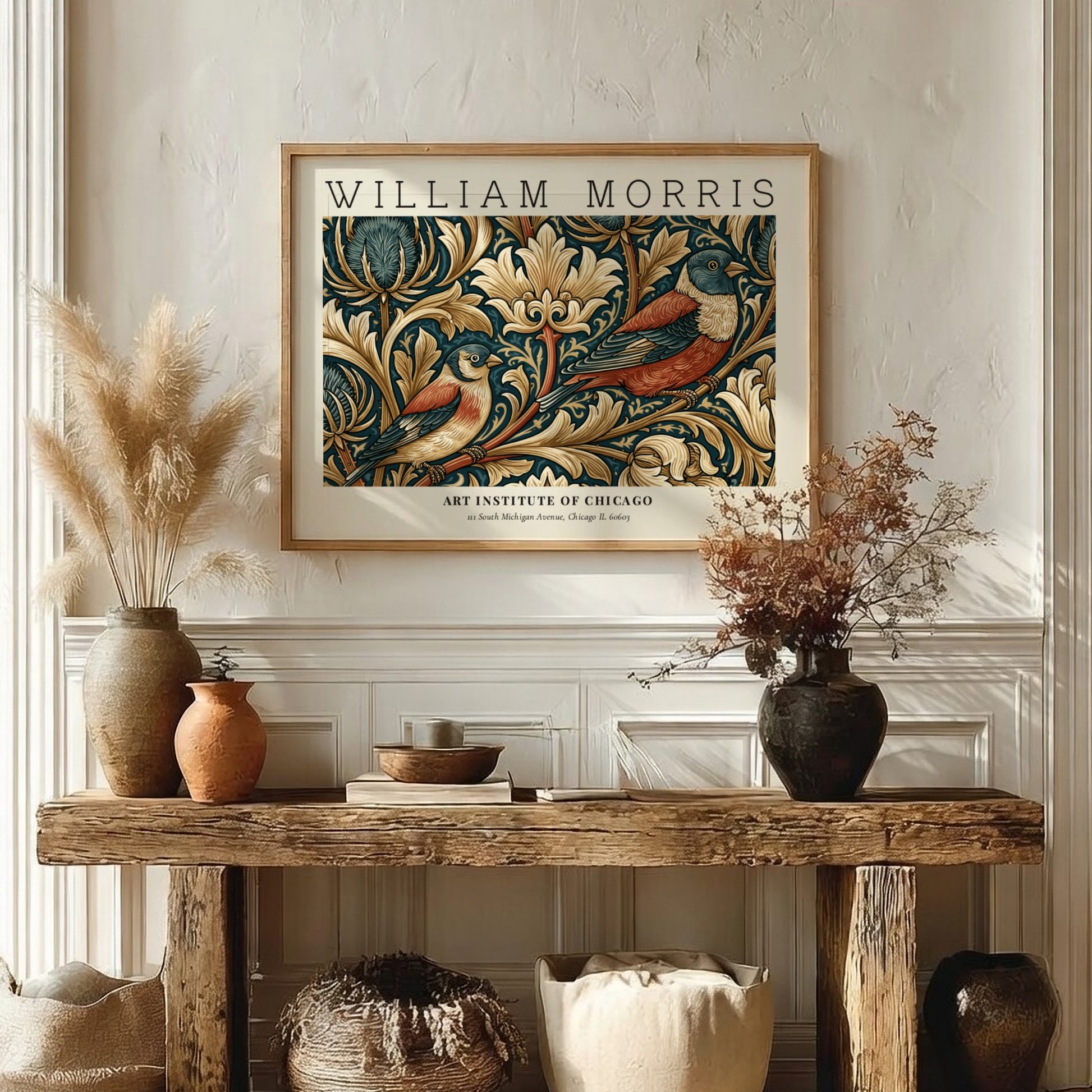 William Morris wall art print featuring birds and foliage in rich colors