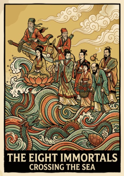 Poster featuring The Eight Immortals Crossing the Sea with vibrant waves and figures.