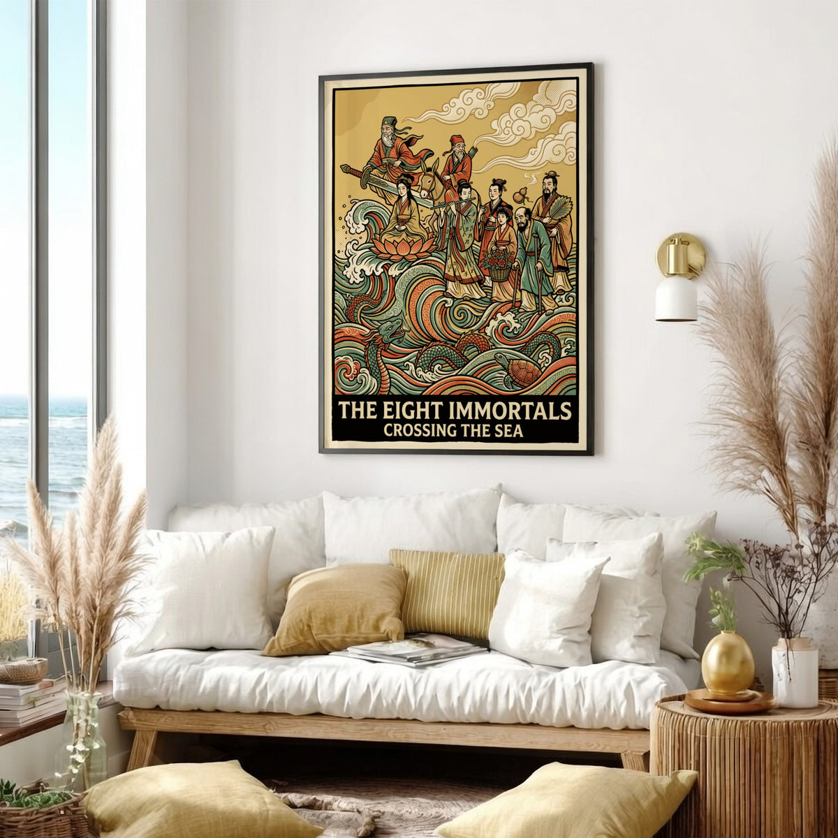 Poster featuring The Eight Immortals Crossing the Sea with vibrant waves and figures.