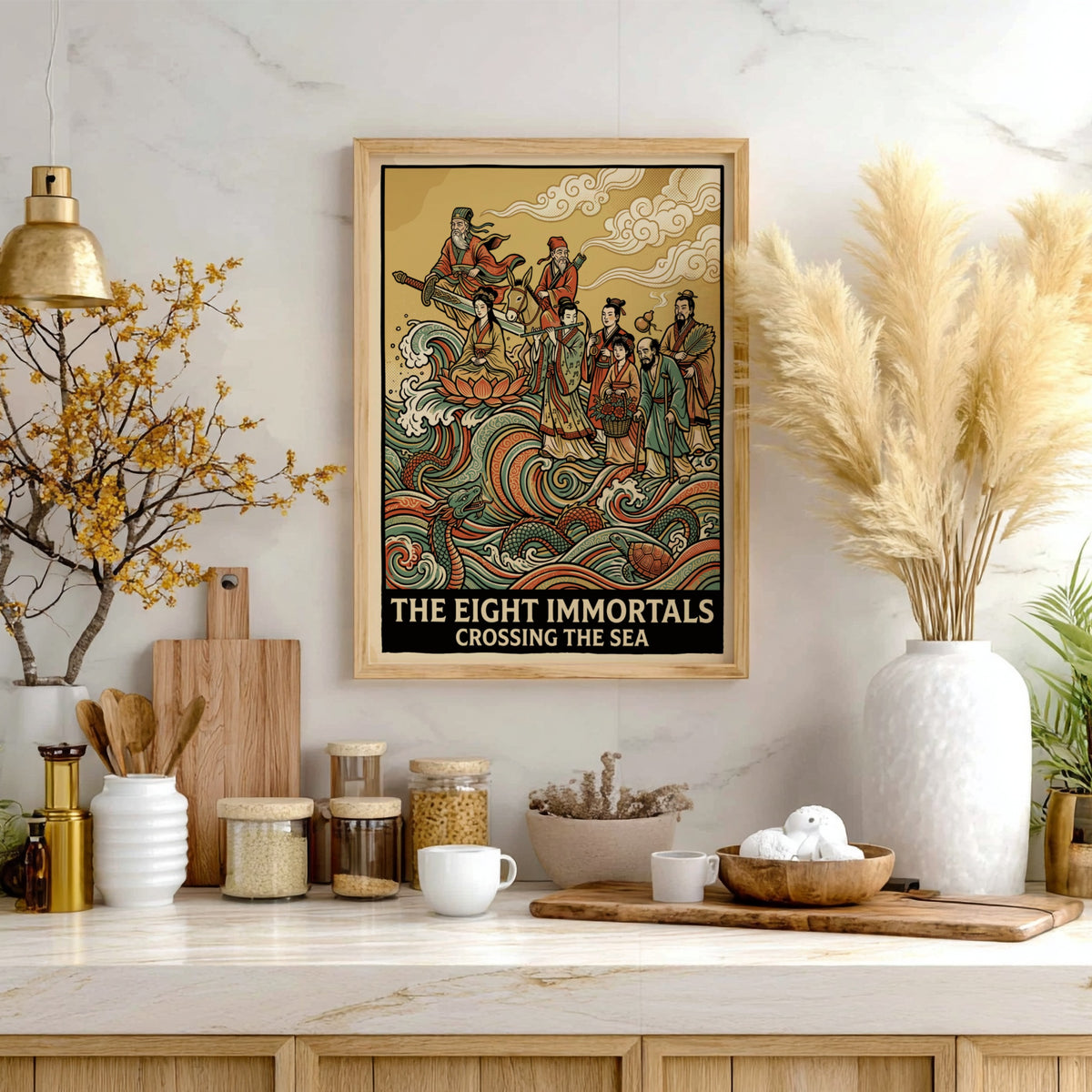 Poster featuring The Eight Immortals Crossing the Sea with vibrant waves and figures.