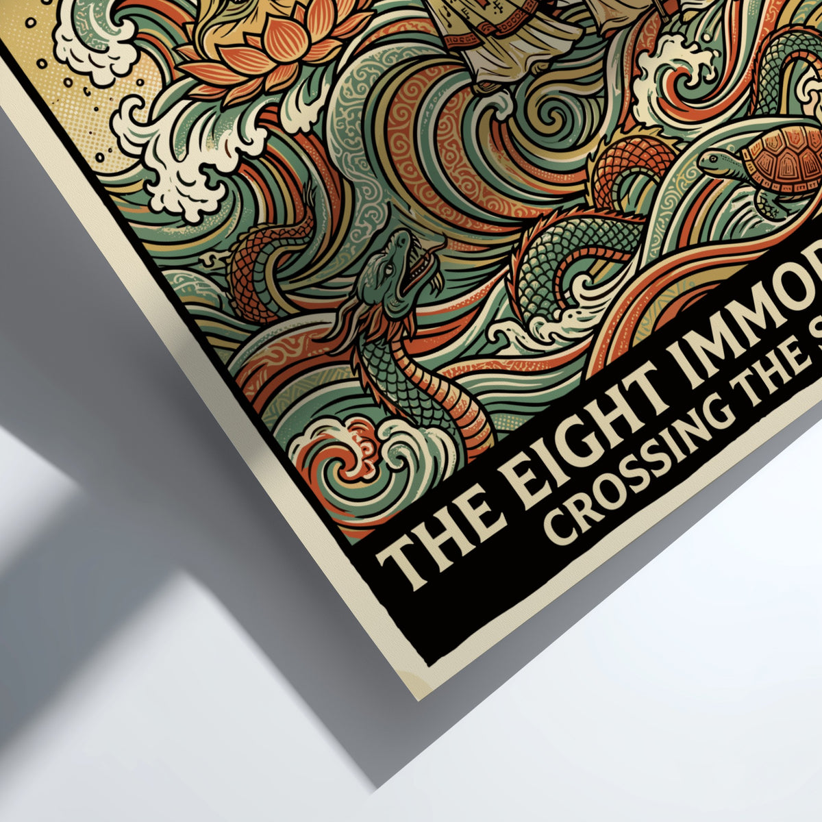 Poster featuring The Eight Immortals Crossing the Sea with vibrant waves and figures.