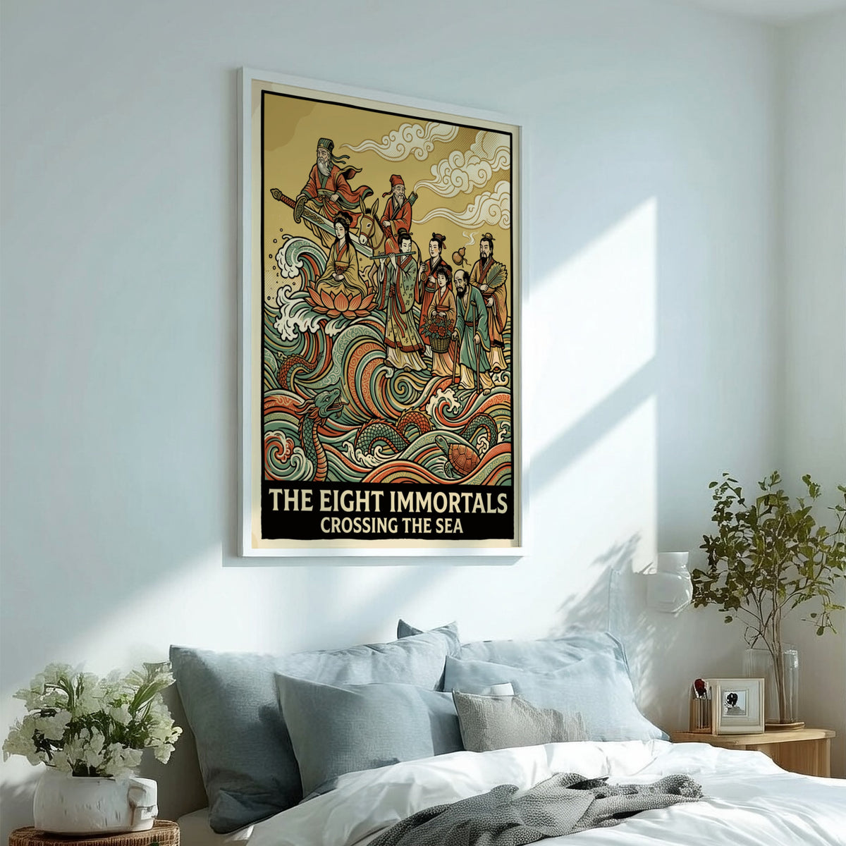 Poster featuring The Eight Immortals Crossing the Sea with vibrant waves and figures.