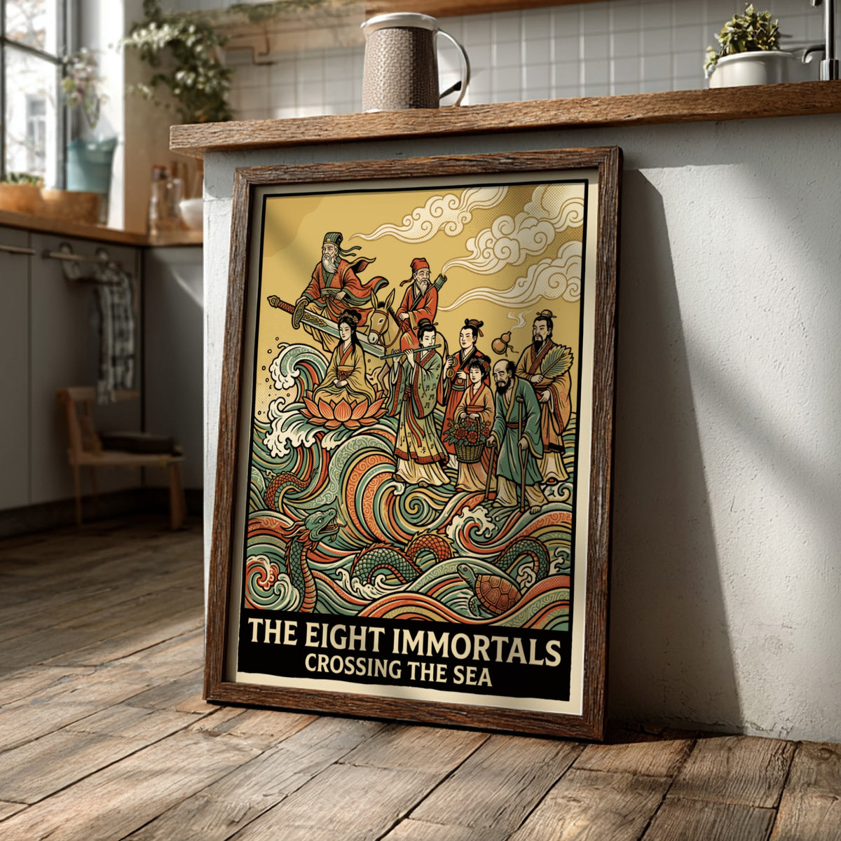 Poster featuring The Eight Immortals Crossing the Sea with vibrant waves and figures.