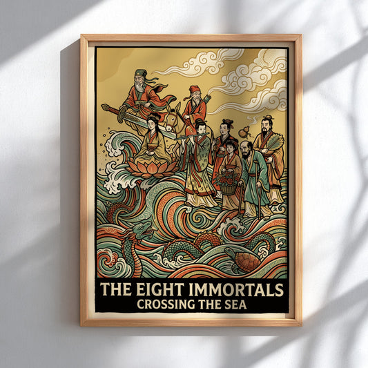 Poster featuring The Eight Immortals Crossing the Sea with vibrant waves and figures.