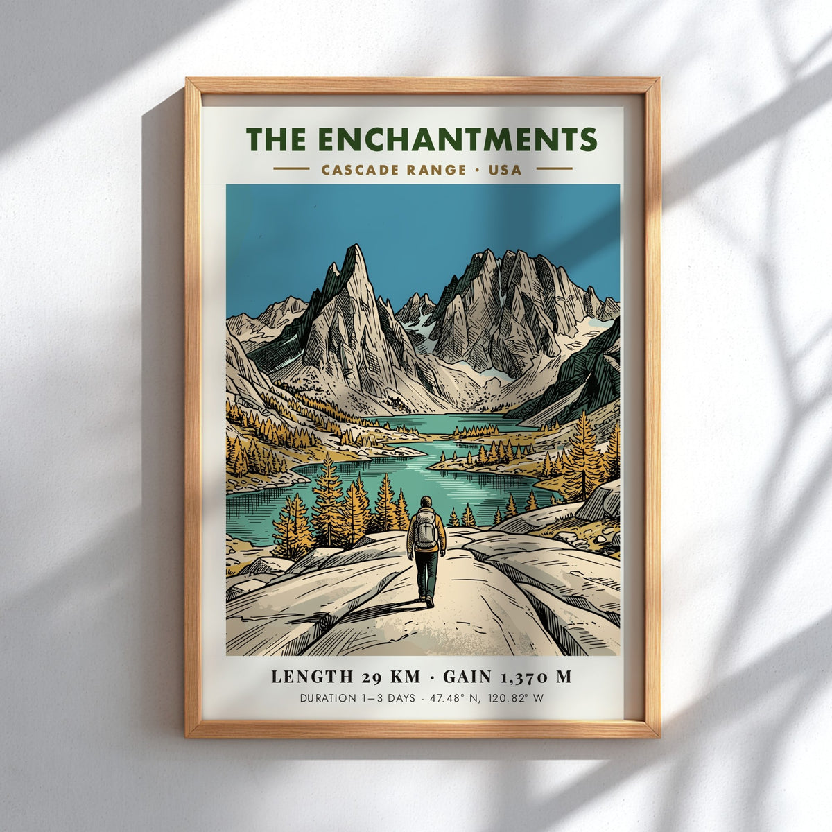 Poster of The Enchantments in the Cascade Range showing a hiker and mountains.