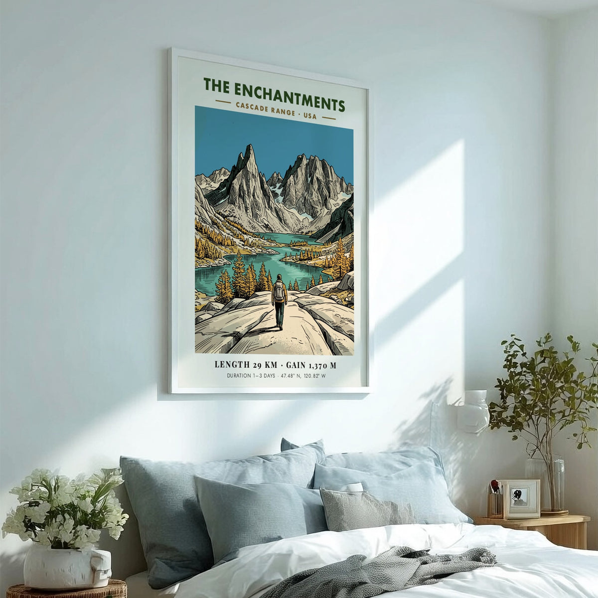 Poster of The Enchantments in the Cascade Range showing a hiker and mountains.