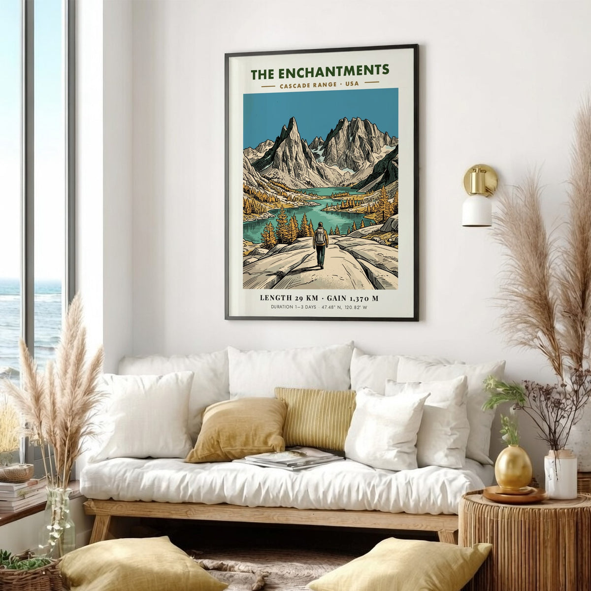 Poster of The Enchantments in the Cascade Range showing a hiker and mountains.