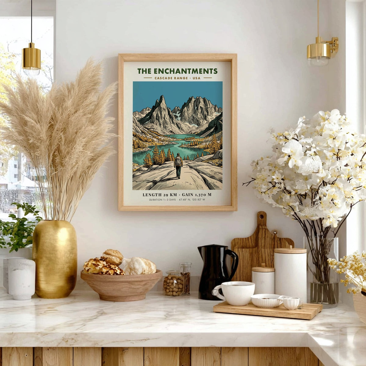 Poster of The Enchantments in the Cascade Range showing a hiker and mountains.
