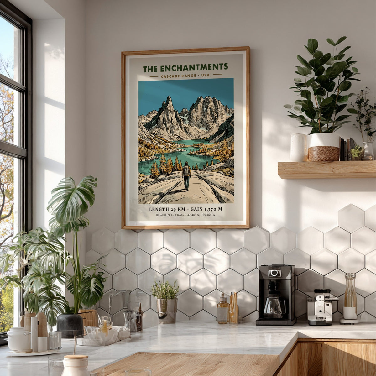 Poster of The Enchantments in the Cascade Range showing a hiker and mountains.