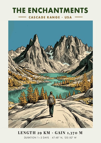 Poster of The Enchantments in the Cascade Range showing a hiker and mountains.