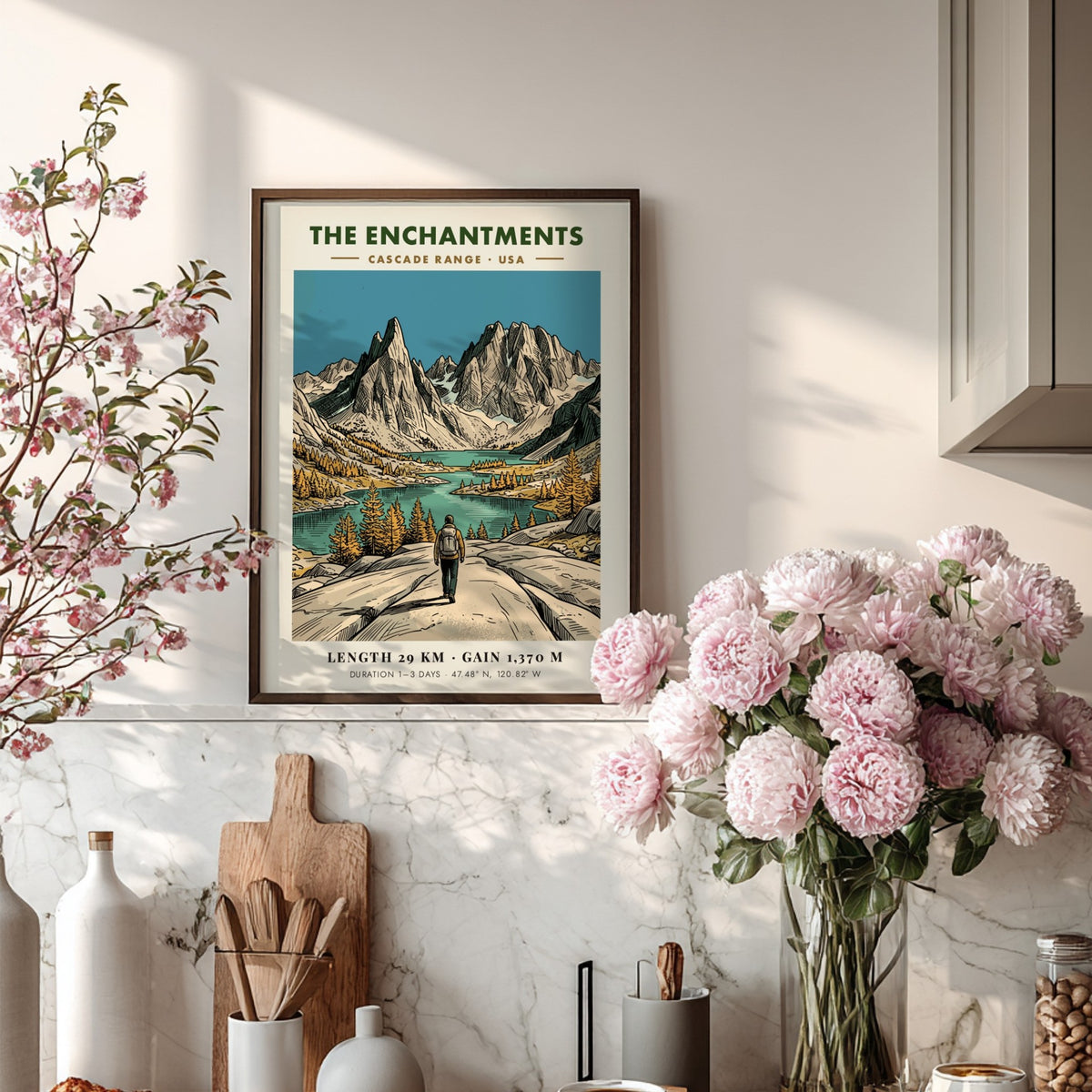 Poster of The Enchantments in the Cascade Range showing a hiker and mountains.