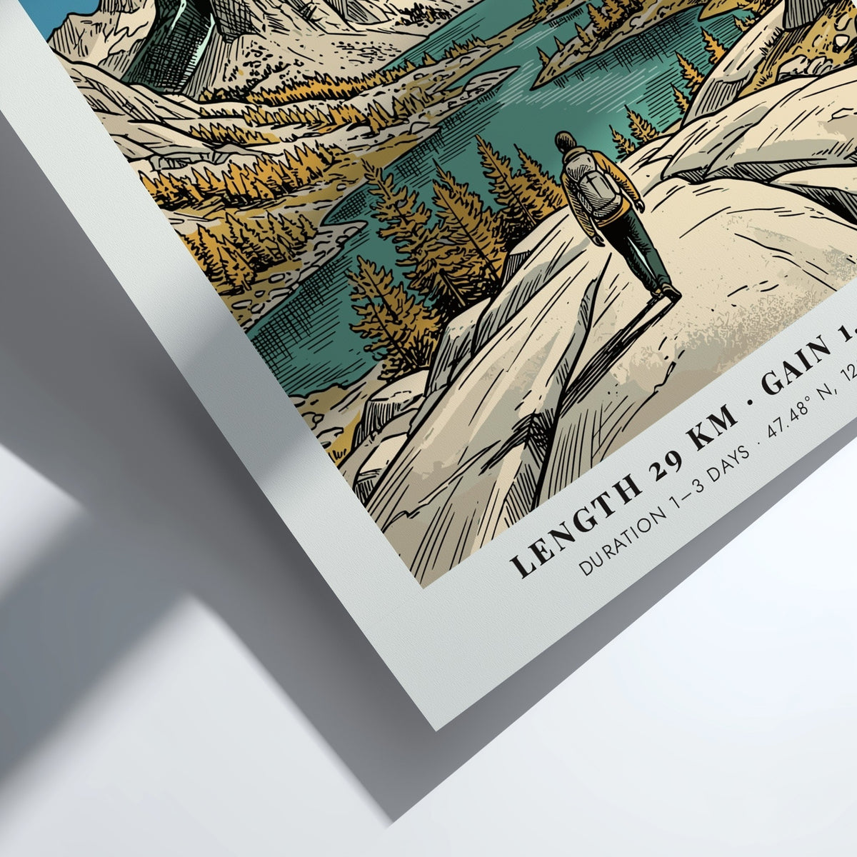 Poster of The Enchantments in the Cascade Range showing a hiker and mountains.