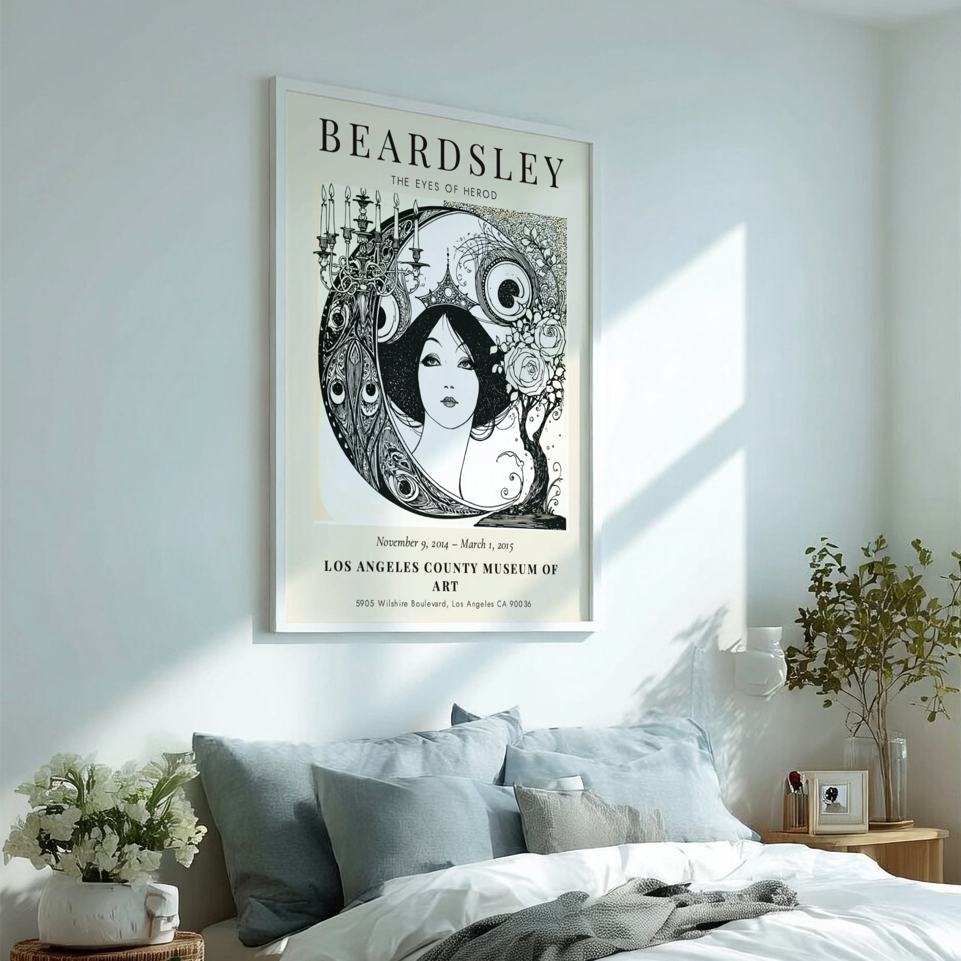 Aubrey Beardsley poster featuring The Eyes of Herod in black and white with intricate details and elegant