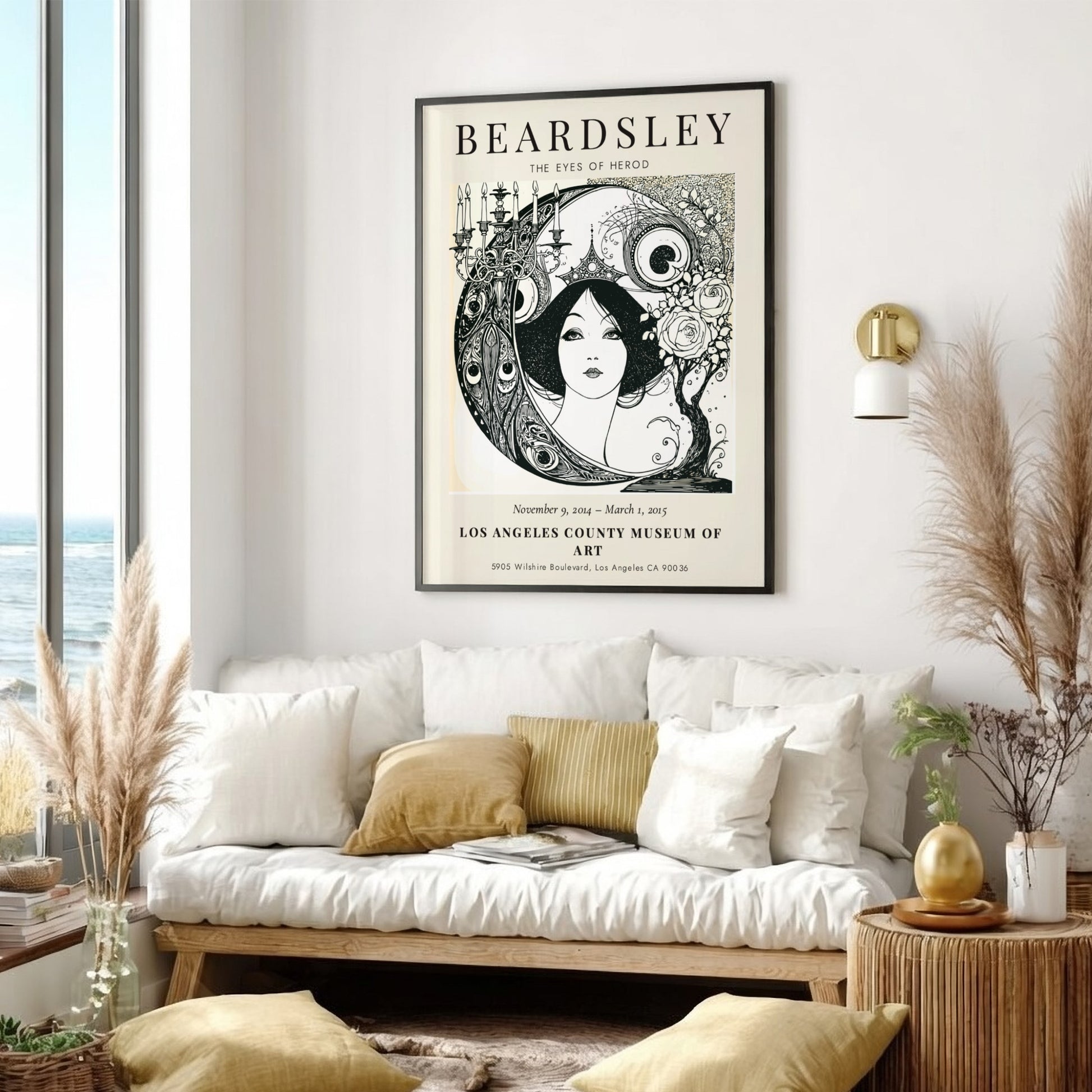 Aubrey Beardsley poster featuring The Eyes of Herod in black and white with intricate details and elegant