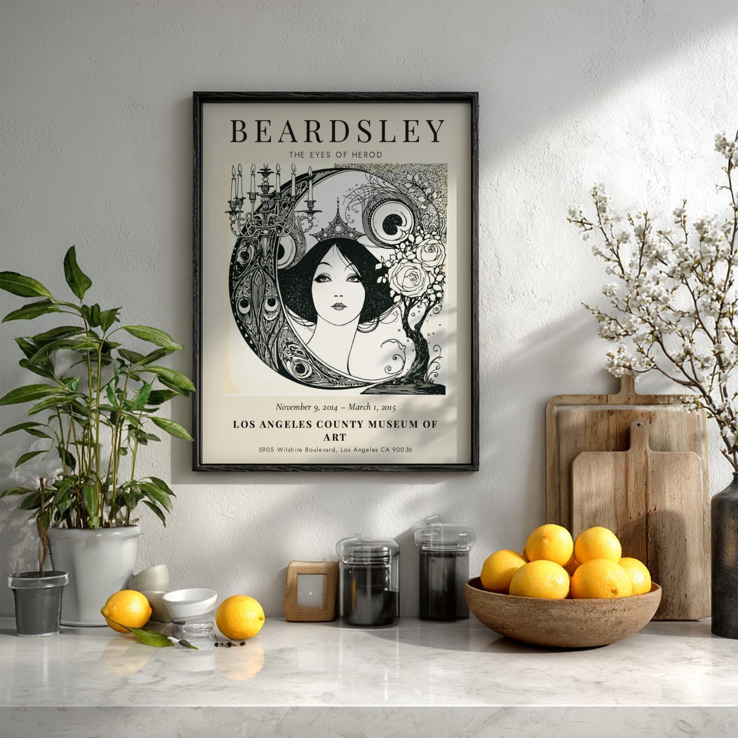 Aubrey Beardsley poster featuring The Eyes of Herod in black and white with intricate details and elegant