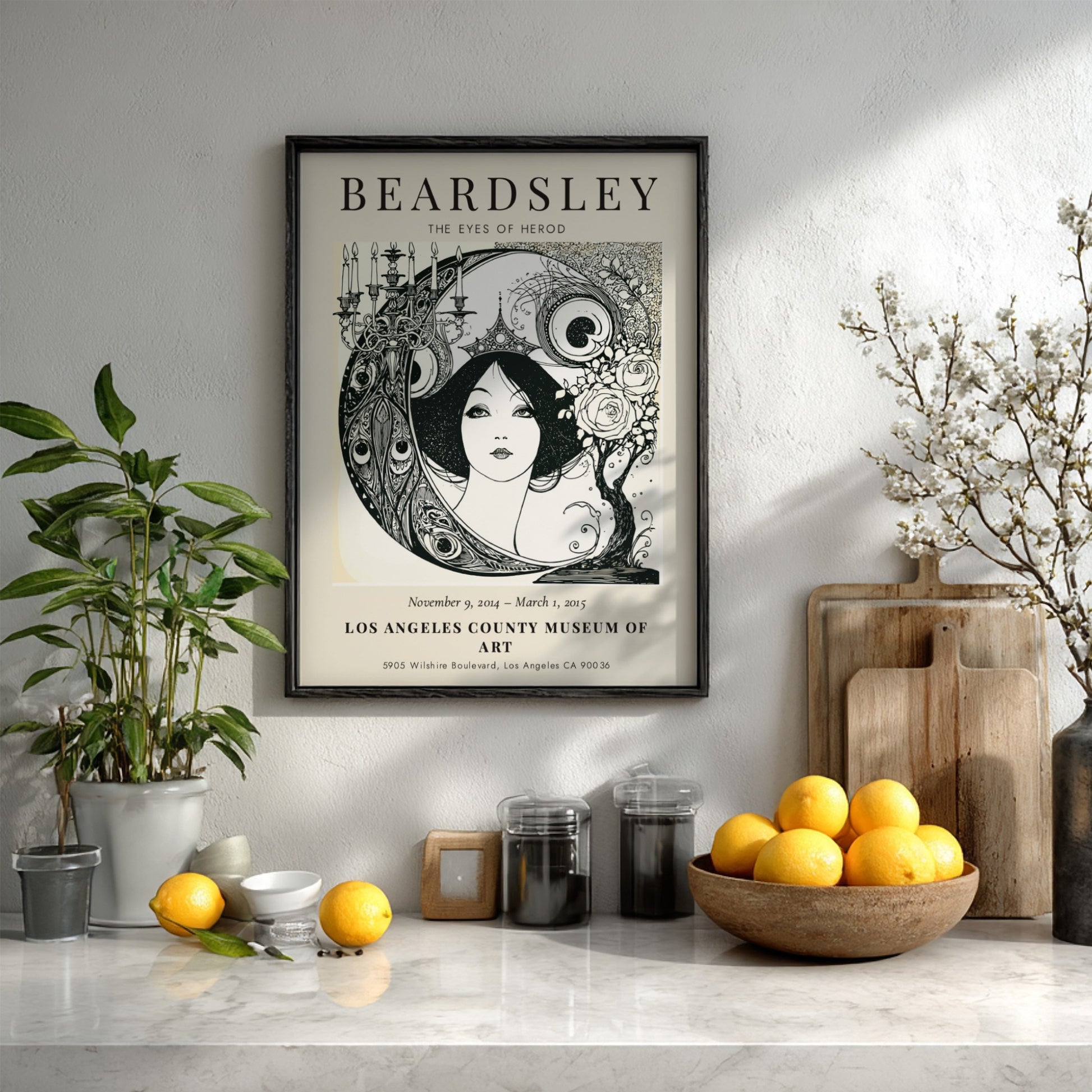 Aubrey Beardsley poster featuring The Eyes of Herod in black and white with intricate details and elegant
