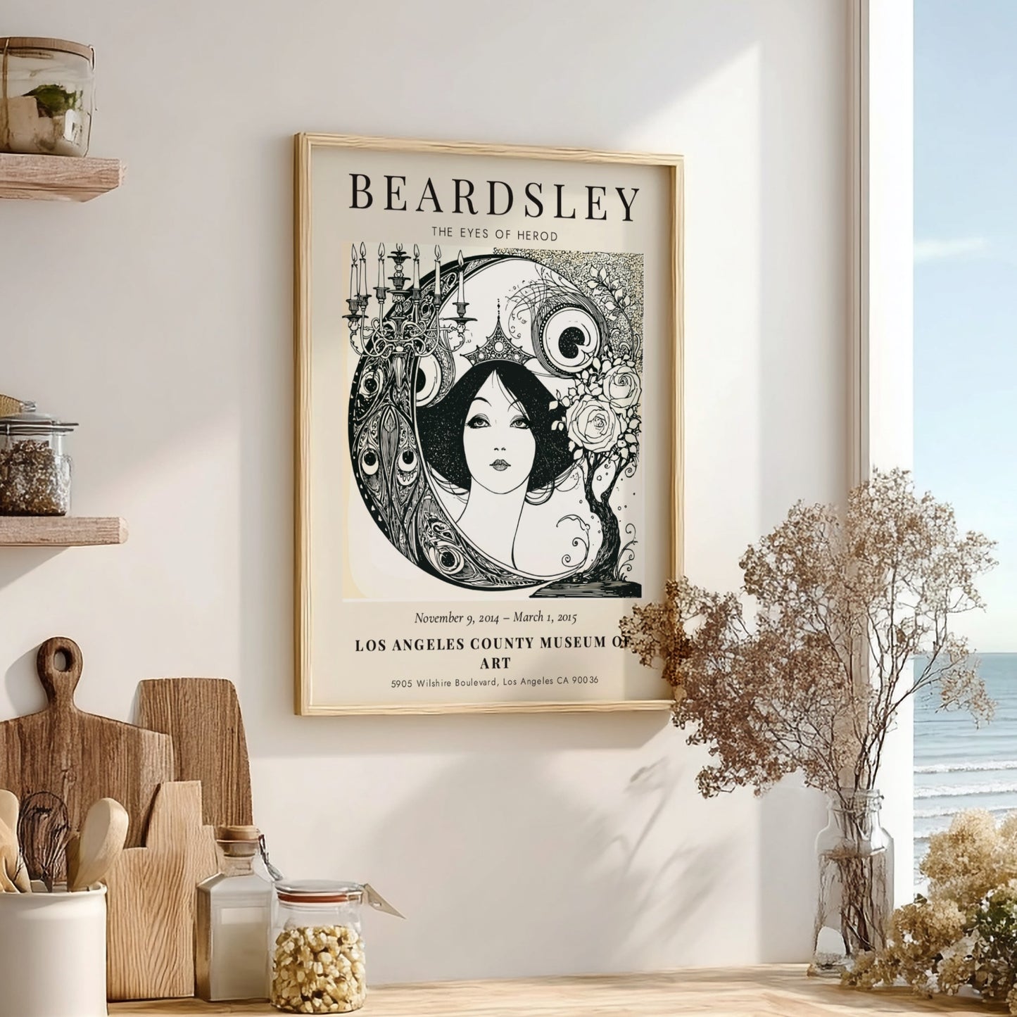 Aubrey Beardsley poster featuring The Eyes of Herod in black and white with intricate details and elegant