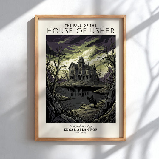 Poster of The Fall of the House of Usher with a lone horseman watching a decaying estate under dark, stormy