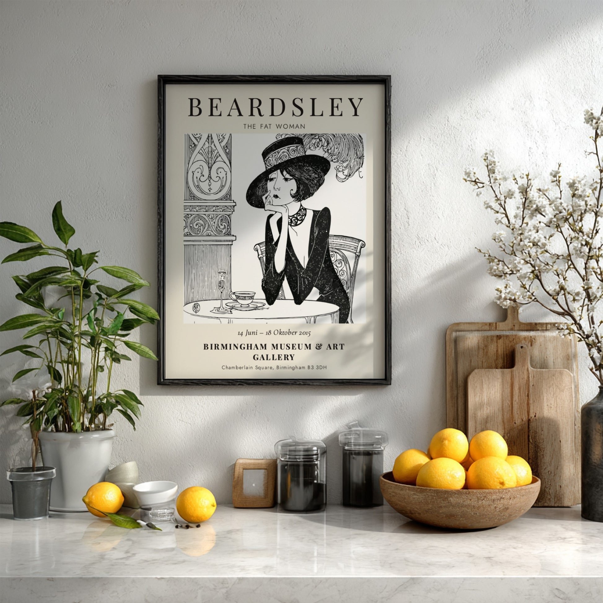 Aubrey Beardsley poster featuring The Fat Woman in intricate black and white design