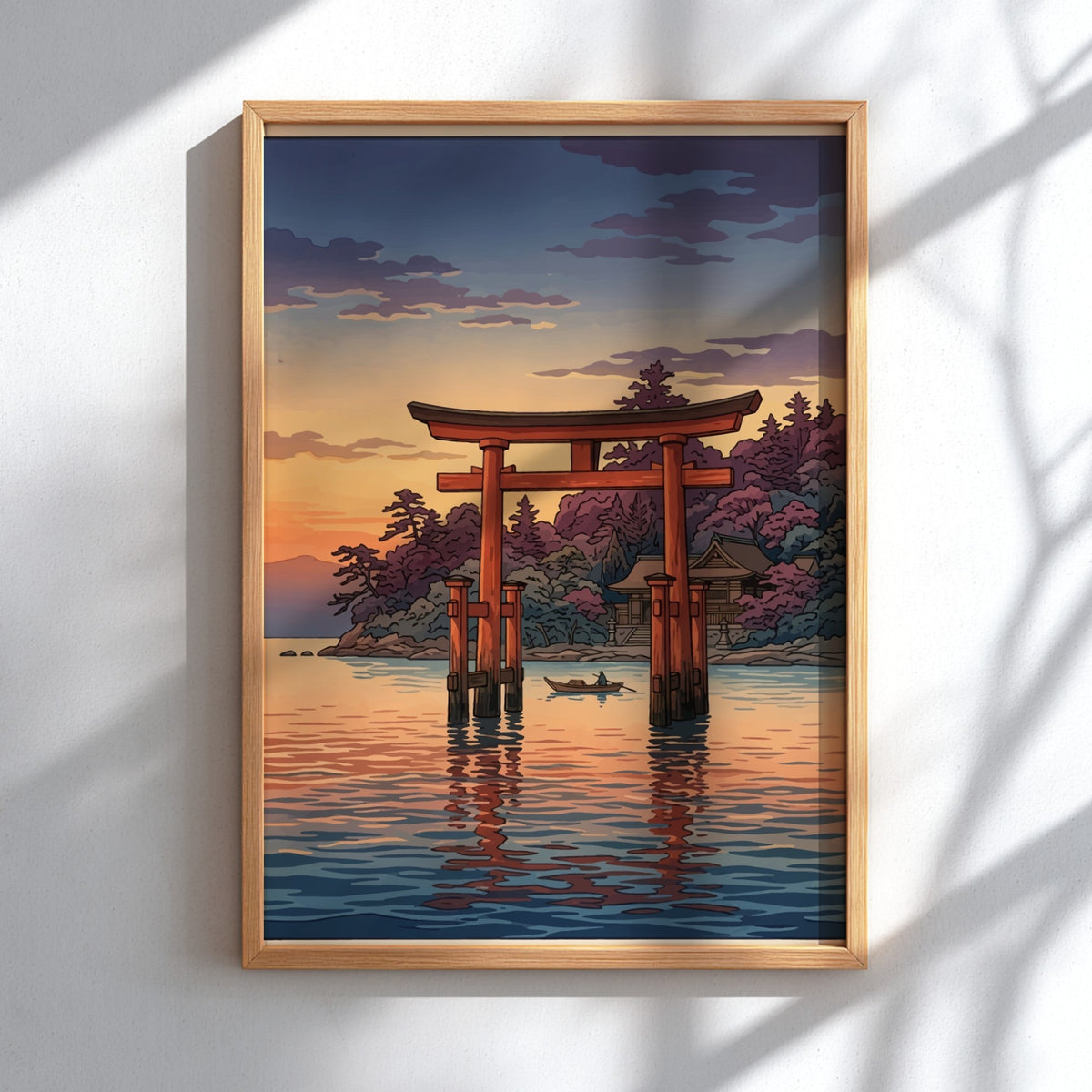 Poster featuring a traditional Japanese torii gate standing in calm water at sunset light.