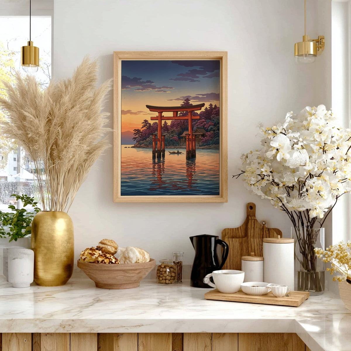 Poster featuring a traditional Japanese torii gate standing in calm water at sunset light.