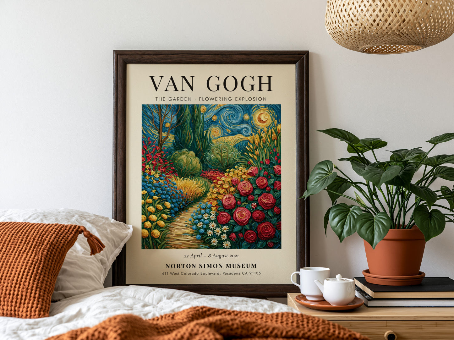 Van Gogh inspired poster of a colorful garden in bloom with vibrant flowers and swirling patterns