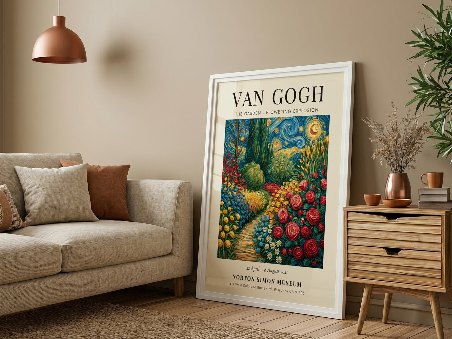 Van Gogh inspired poster of a colorful garden in bloom with vibrant flowers and swirling patterns