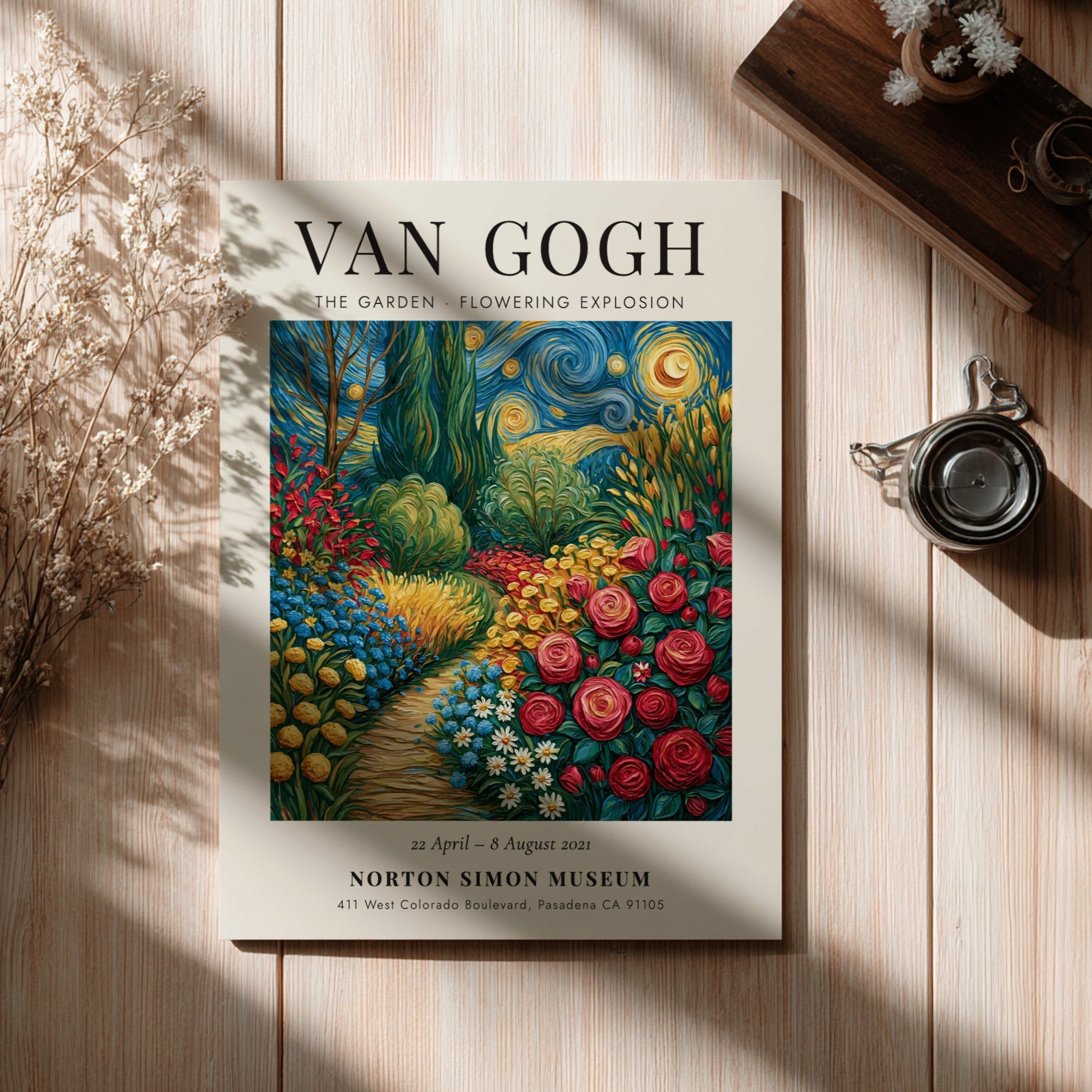 Van Gogh inspired poster of a colorful garden in bloom with vibrant flowers and swirling patterns