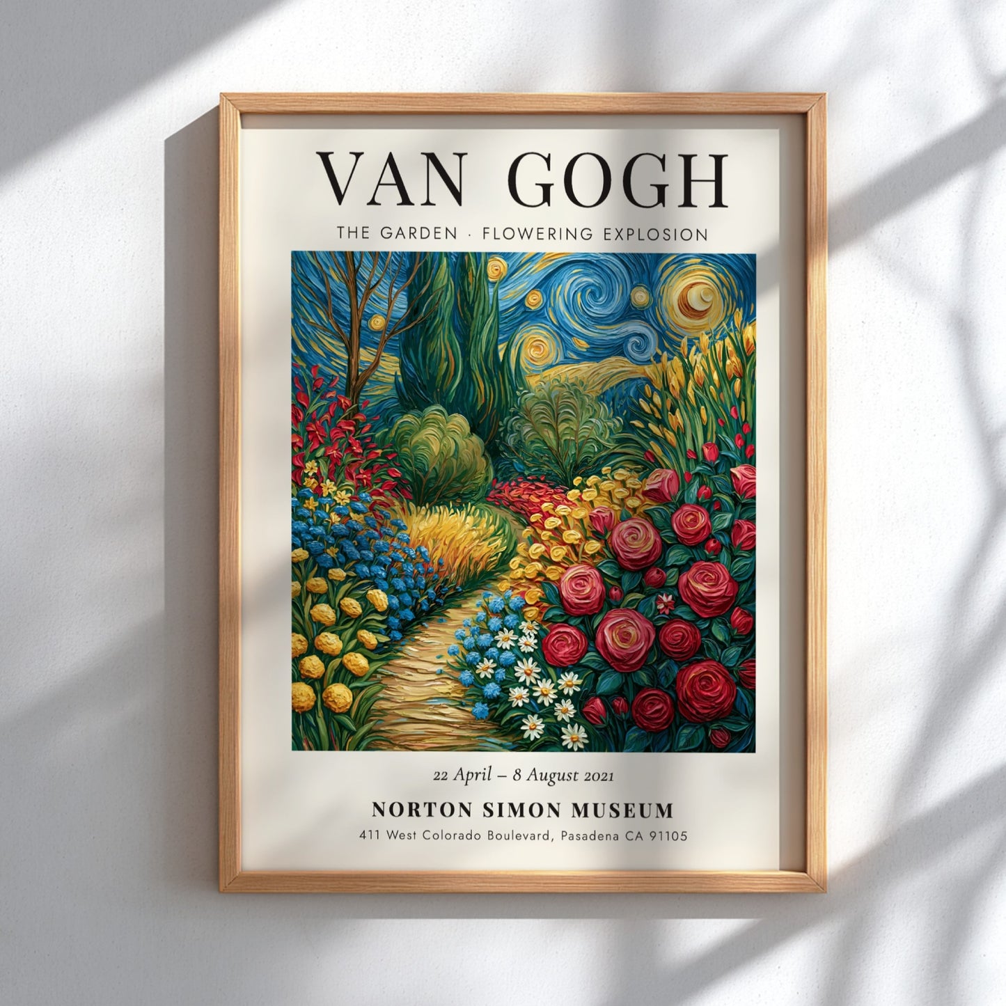 Van Gogh inspired poster of a colorful garden in bloom with vibrant flowers and swirling patterns